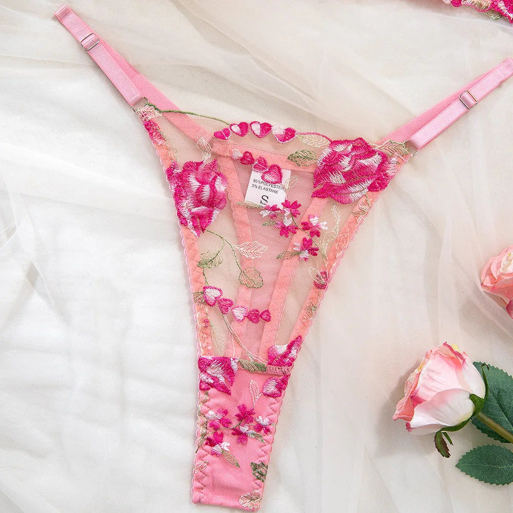 Women's Sexy Sweet Perspective Intimates Set Female Mesh Transparent Pink Flower Embroidered Steel Ring Fishbone Underwear Suit