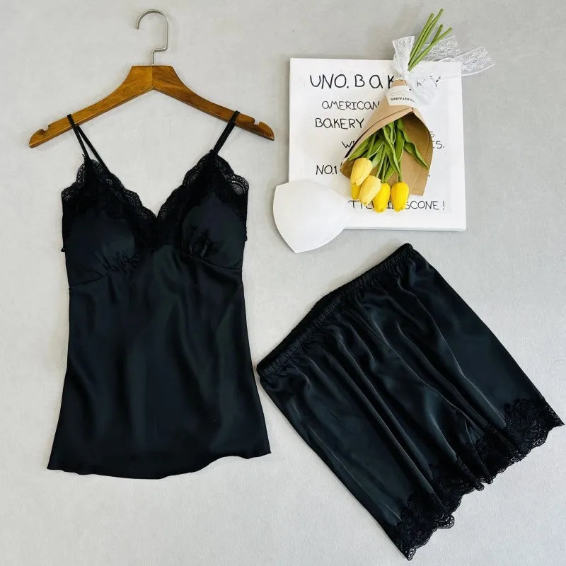 Wedding Bridesmaid Team Pajamas Set Lace Patchwork Home Clothes Ice Silk Pyjamas Suit Women Sleepwear Sexy Cami Top&pants