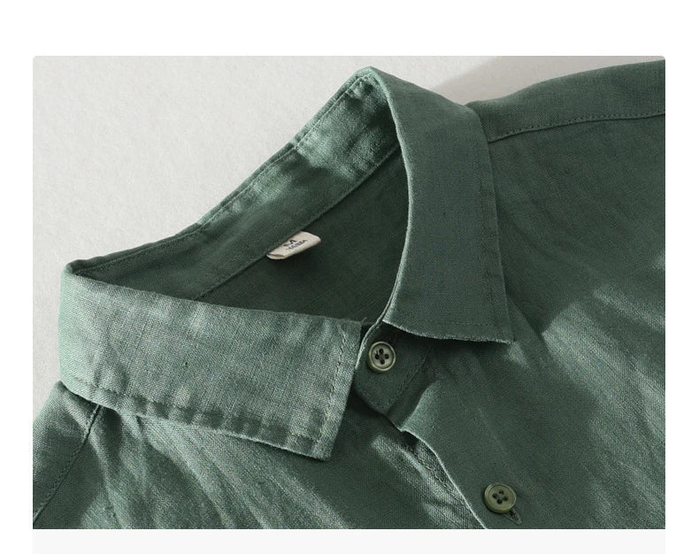 923 100% Linen Men's Summer Fashion Shirt High Quality Solid Color Simple Casual Short Sleeve Blouses Basic Thin Breathable Tops