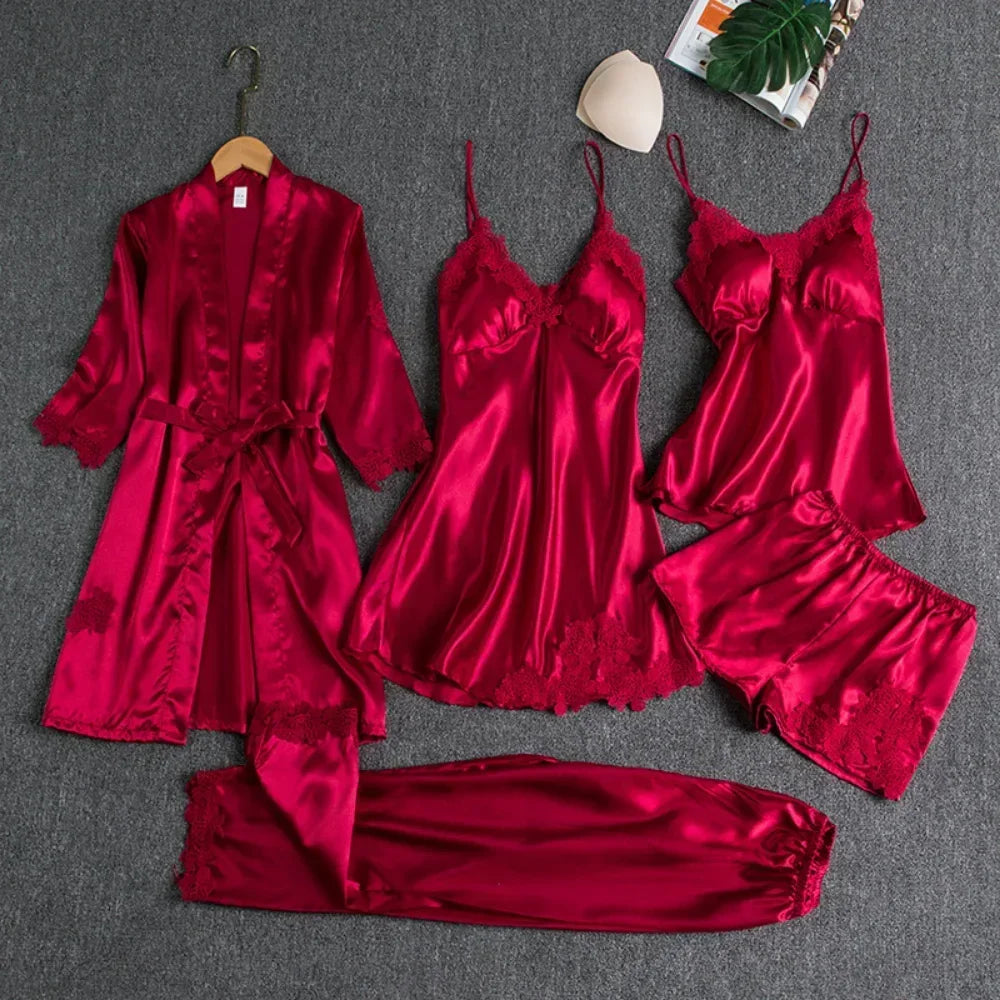 5Pcs Ice Silk Robe Sleep Pajama Set Women's Ventilate Lace Satin Pajamas Gown V-Neck Casual Wear Home Nightwear Spring Sleepwear