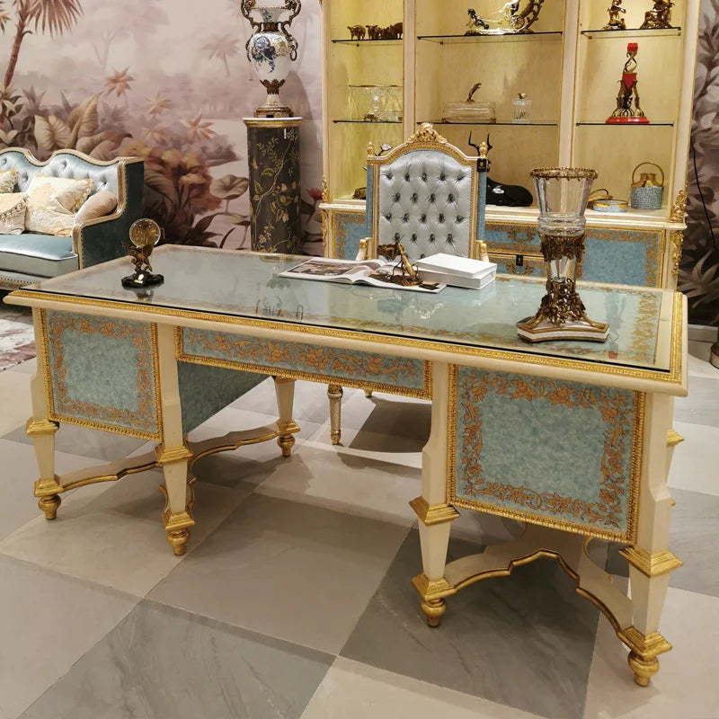French European luxury all solid wood blue-and-white gold foil carving gold study books desks chairs bookcases