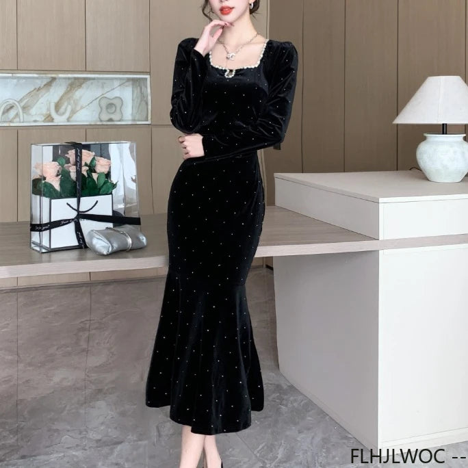 New Year Retro Vintage French Design Dresses Women Elegant Annual Meeting Hollow Out Black Bling Bead Party Long Fishtail Dress