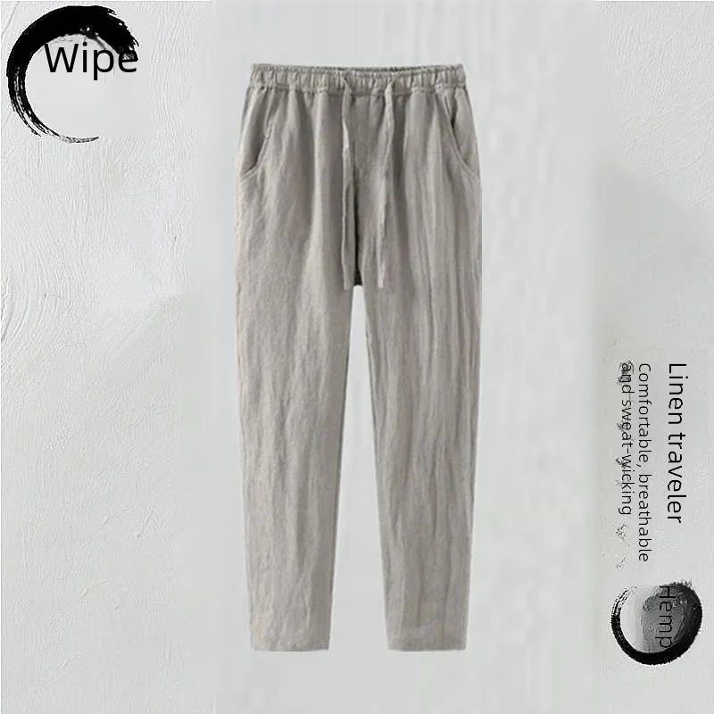 Men's Slim Fit Linen Cropped Pants Casual White Straight Leg Pants Loose Fit Summer Cotton Linen Mix For Middle Age Dads