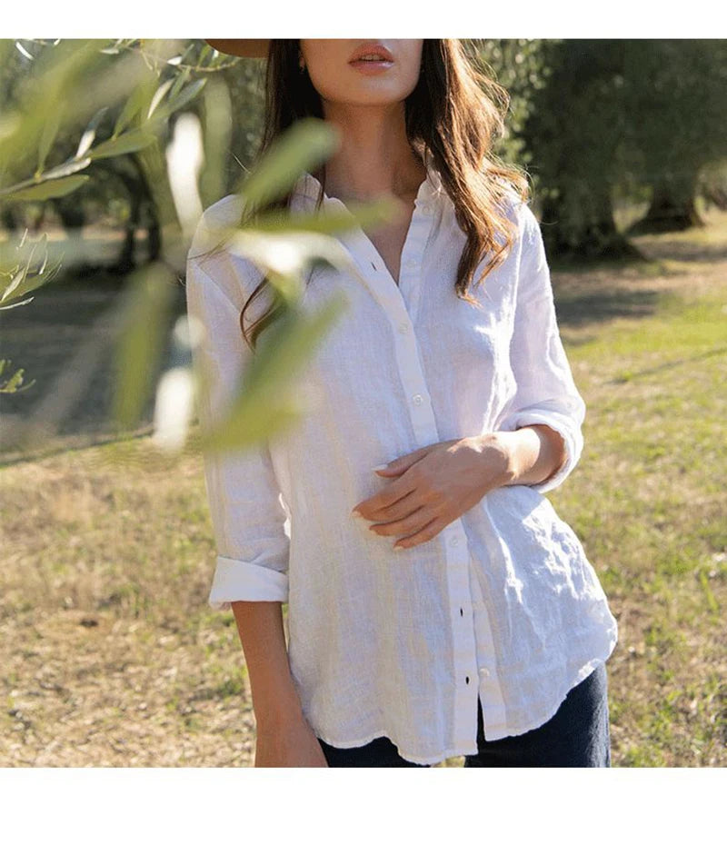 100% Linen White Shirts And Blouses Turn Down Collar Long Sleeve Tops  Chic Elegant Ol Women'S Shirt Camisas De Mujer
