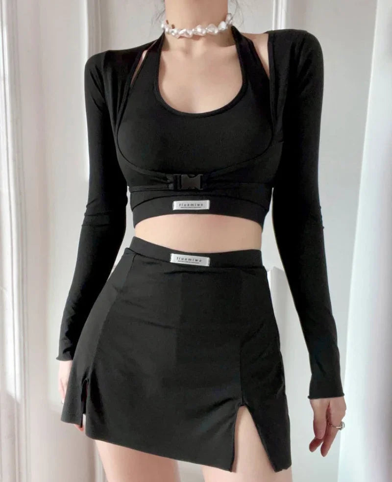 Woman Long Sleeved 3 Pieces Summer Korean Style High Waist Swimwear Swimming Sexy Solid Bathing Suits Swimwear Split Swimsuit