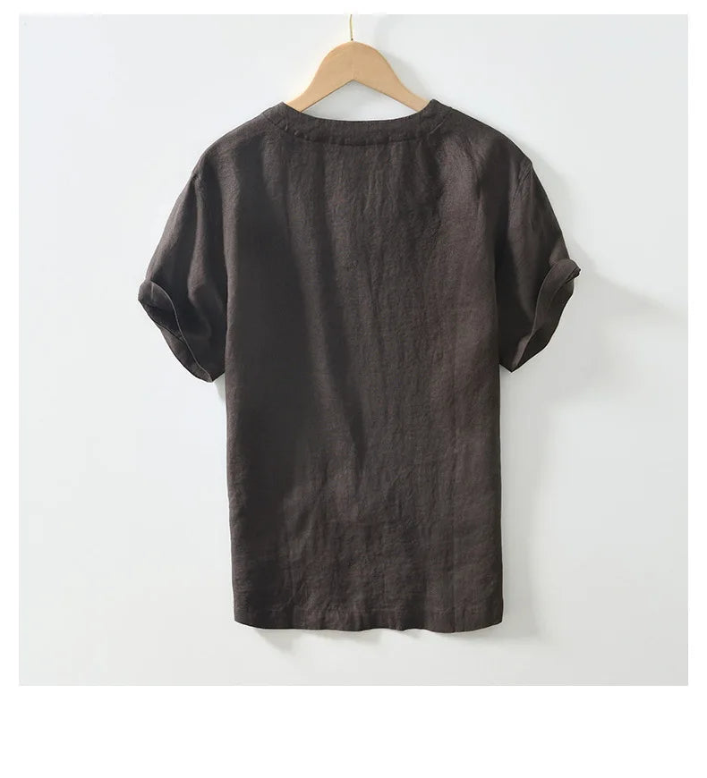 Summer New 100% Linen Short Sleeve T Shirt for Men Casual Thin Solid Color Slim Men Clothing BL998
