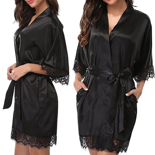 Womens Large Size Ice Silk Sexy Lace Bathrobe Pajamas Female Soft and Comfortable Solid Color Sleepwear V-Neck Bathrobe Pajamas