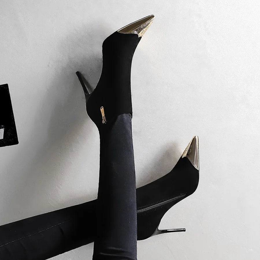 Women Ankle Length Flock Boots Winter Pointed Toe Thin Heels High Heel Shoes Ladies Side Zippper Ankle Boots 173-1