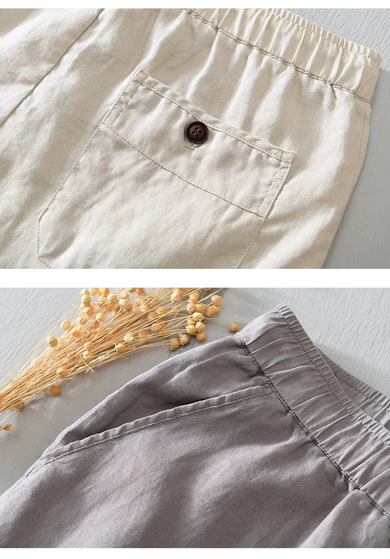 Summer New Simple 100% Linen Shorts for Men Clothing Solid Color Streetwear Men Pants B8103
