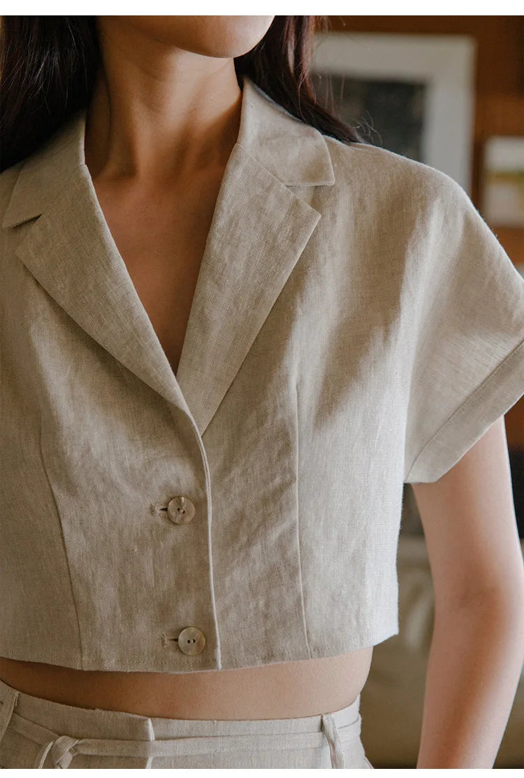 100% Linen Women'S Shirt Vintage Notched Collar Short Sleeve Button Up Shirts Elegant Fashion Woman Blouses 2024 Blusas Feminina