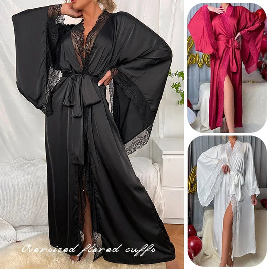 Womens Nightdress Sexy Long Polyester Lingerie Nightwear Bath Robe Gown Imitation Ice Silk Nightdress Solid Color Nightgown Thin