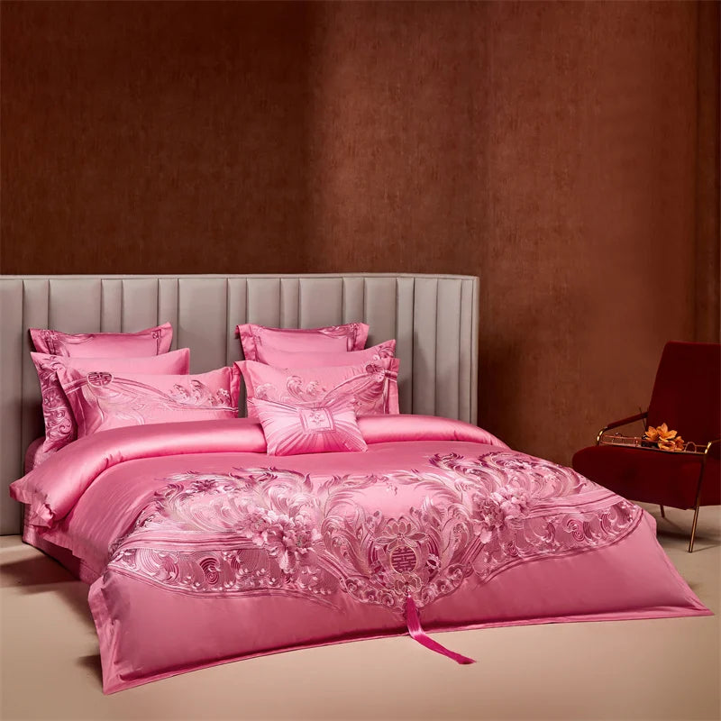Pink Luxury Chinese Style Wedding Bedding Set Satin Jacquard Egyptian Cotton Peony Embroidery Duvet Cover Bed Sheet Pillowcases