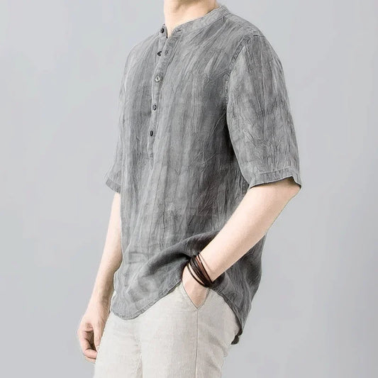 100% Linen Wide Sleeve Shirt Men Summer Breathable Casual Clothing Loose Stand Collar Cover Head Traditional Wrinkle Design