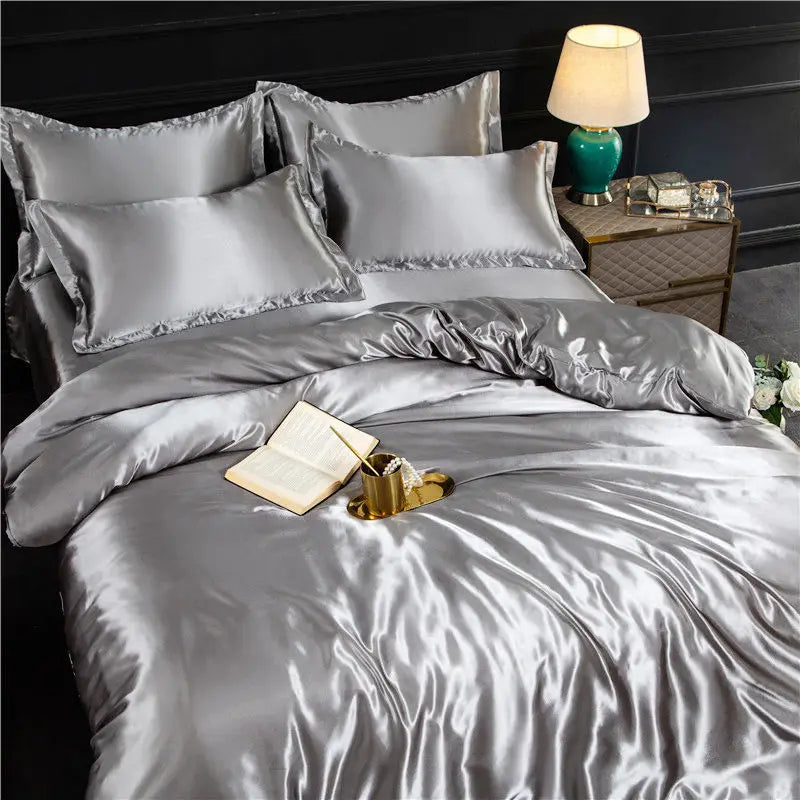 Nordic Silk Bedding Set with Duvet Cover Bed Sheet Pillowcase Luxury Couple Single Double Summer Home Textile Solid Bedsheet