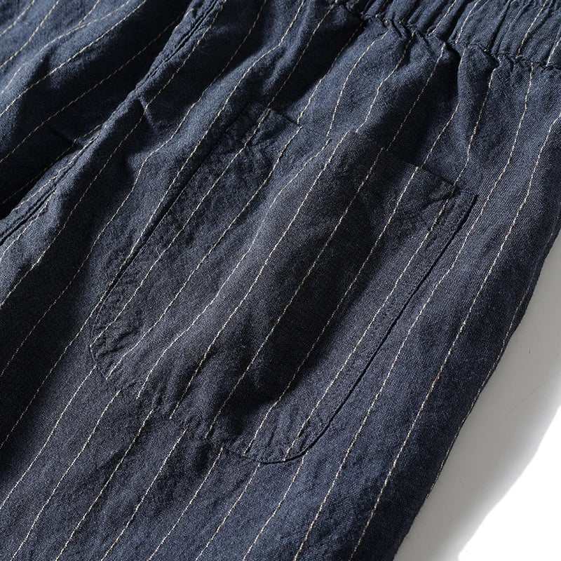 Cotton and Linen Comfortable Men's Fashion Trend Summer Pure Straight Stripe Thin Breathable Solid Color Loose Casual Pants