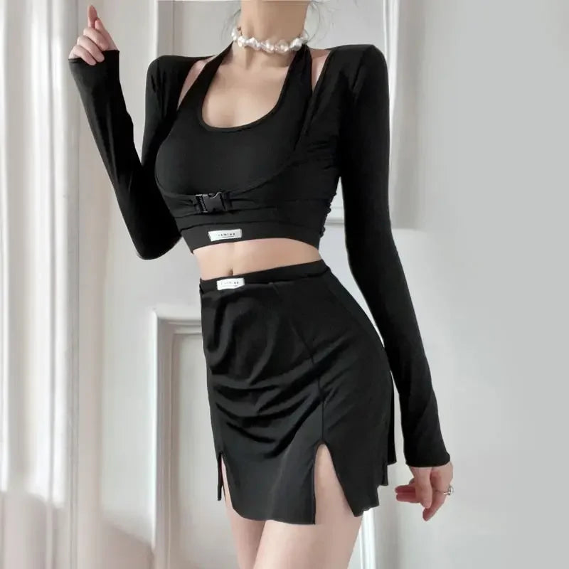 Woman Long Sleeved 3 Pieces Summer Korean Style High Waist Swimwear Swimming Sexy Solid Bathing Suits Swimwear Split Swimsuit