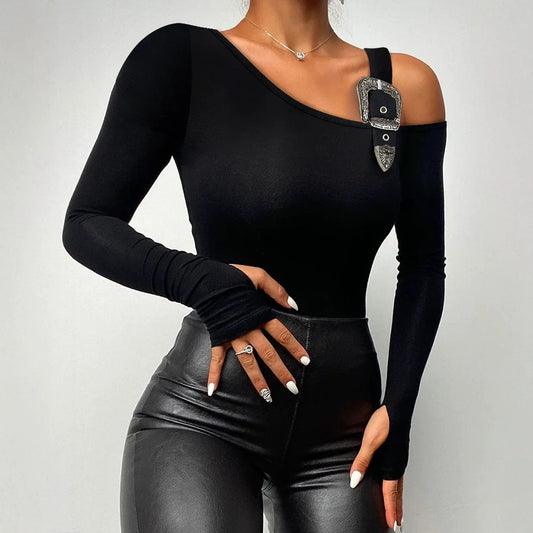 Women Long Sleeve Slim Fit Tops Casual Cold Shoulder Buckled Blouse Shirts