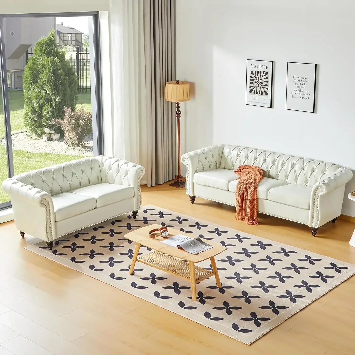 2 Piece Living Room Set, Chesterfield Leather Sofa Loveseat Couch Chair with Scroll Arms and Nailhead for Living Room, Sofa