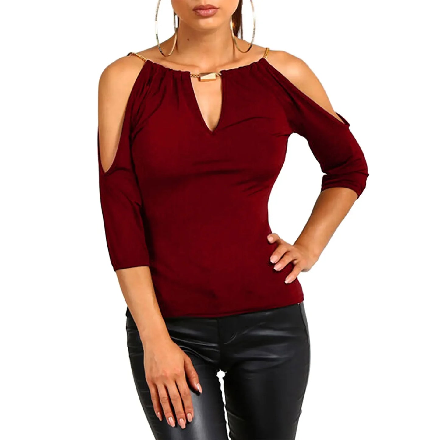 2024 New Women’s Casual Half Sleeve T-shirt Fashion Solid Color Off-shoulder V-neck Pullover Tops