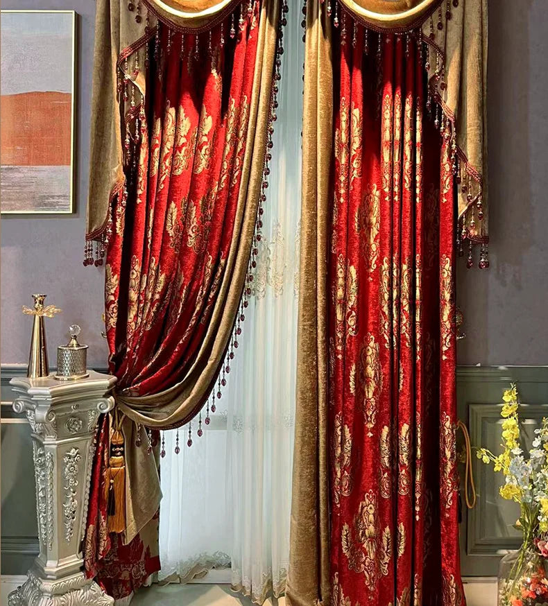 Red Gilded Jacquard Thickened Chenille Patched Curtains for Living Room Bedroom French Window Villa Customization Valance
