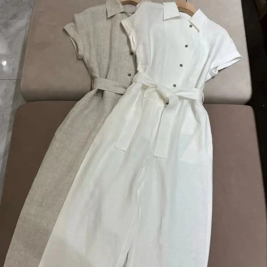 Women 100% Linen Rompers Front Buttons Short Sleeve Turn-down Collar Solid Color Elegant Jumpsuits
