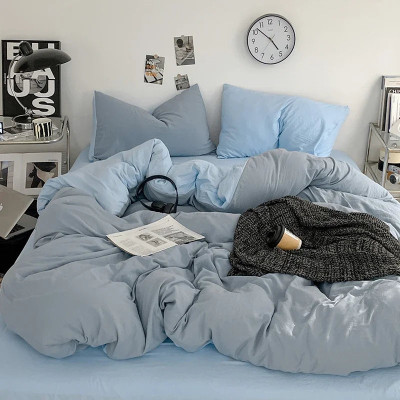 Solid Color Duvet Cover Set 100% Washed Cotton Bedding Set Super Soft Comfortable Lightweight Comforter Cover with 2 Pillowcases