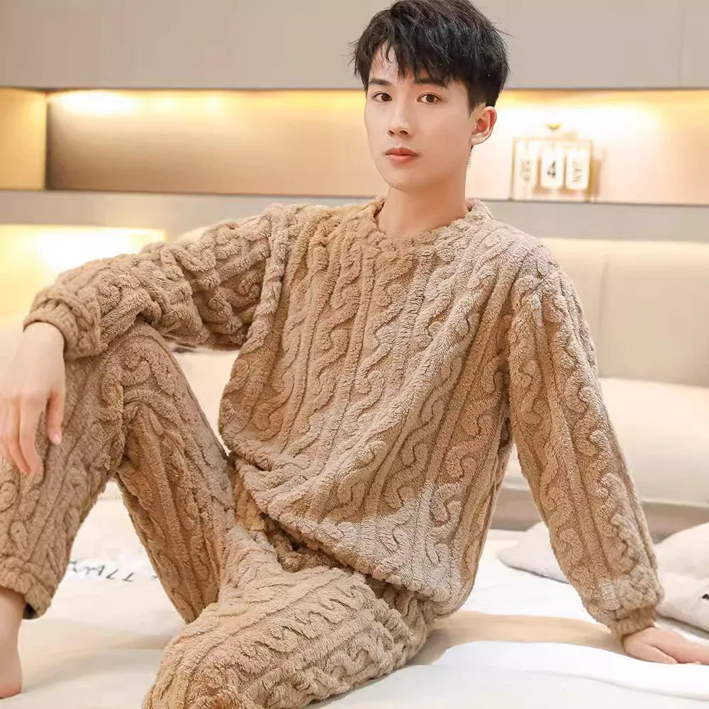 Coral Fleece Pajamas Men's Fall and Winter Thickened Padded Homewear Suit Warm Ladies Teen Facecloth Pajamas Homewear Suit