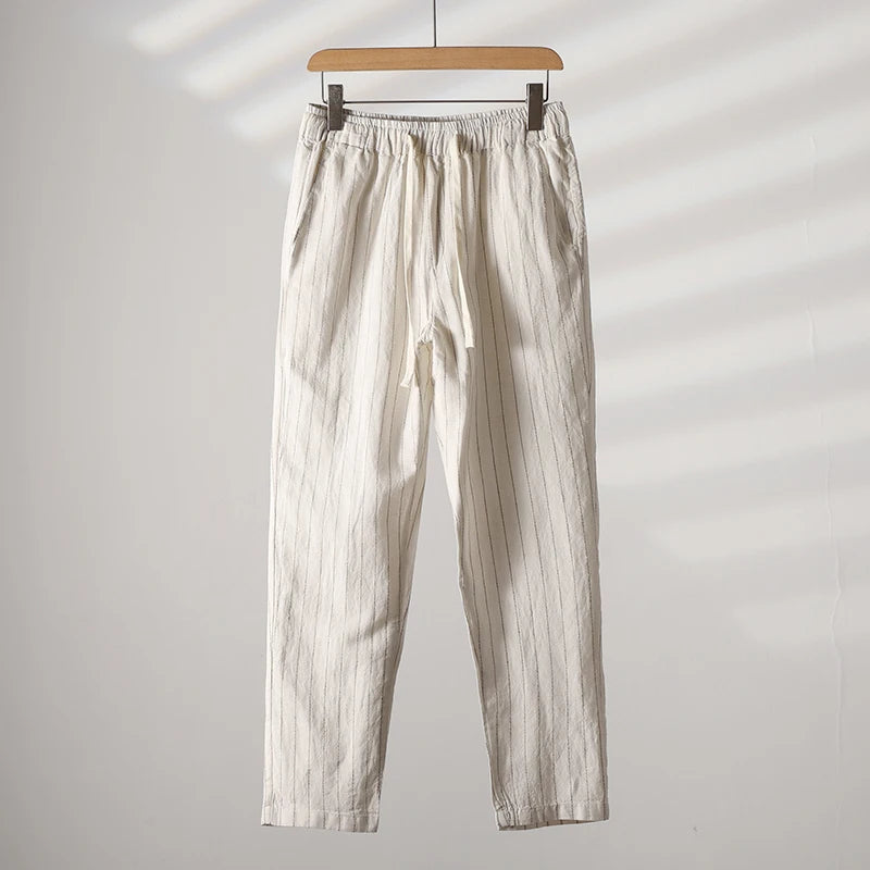 Cotton and Linen Comfortable Men's Fashion Trend Summer Pure Straight Stripe Thin Breathable Solid Color Loose Casual Pants