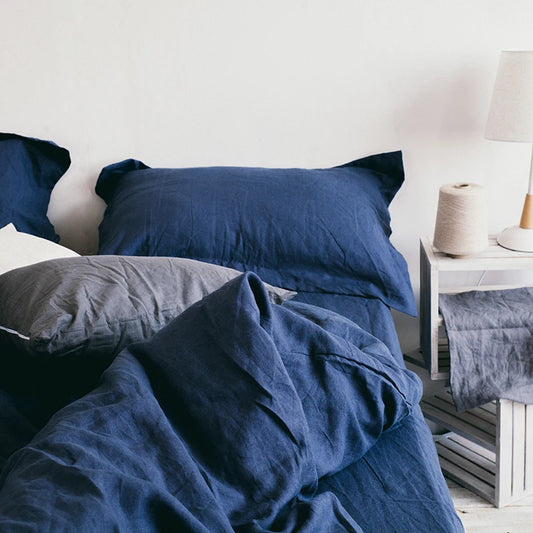 100% Pure Linen Blue Bedding Set with Duvet Cover Bed Sheet Pillowcase, Solid Color, Double, Single, King, Queen Full, Twin Size