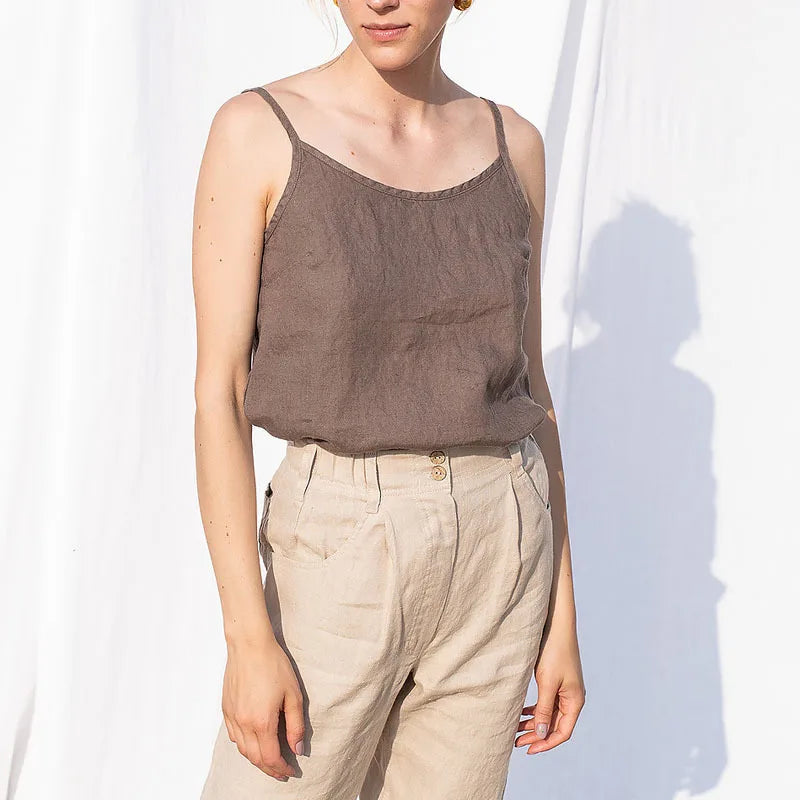 New in 100% Linen Tops Woman 2024 Solid Sleeveless White Crop Top Basic Tanks & Camis Korean Fashion Clothing