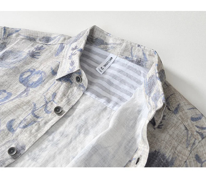 Summer New Printed 100% Linen Short Sleeve Shirts for Men Slim Thin Streetwear Men Clothing BL996