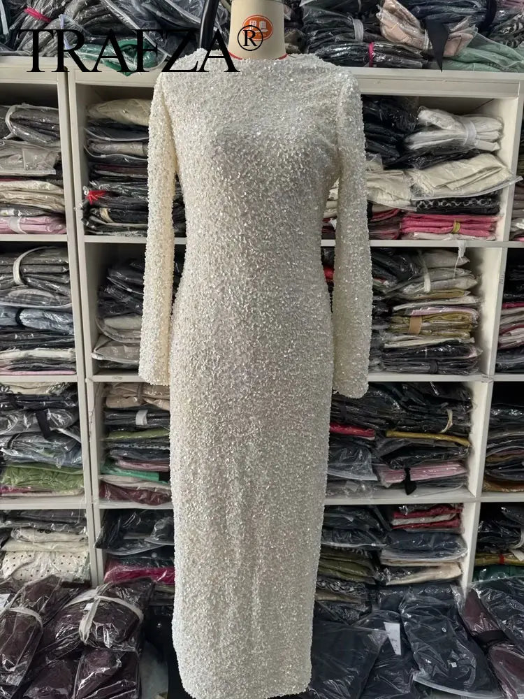 TRAFZA Autumn Party Dress Woman 2024 Trendy Solid O-Neck Long Sleeve Sequins Decorate Zipper Female High Street Long Dresses