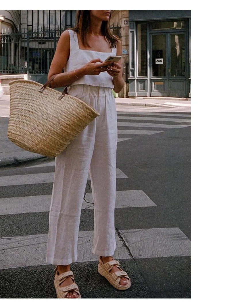 100% Linen White Crop Top 2024 Summer Vintage Square Collar Sleeveless Streetwear Green Top Fashion Clothing