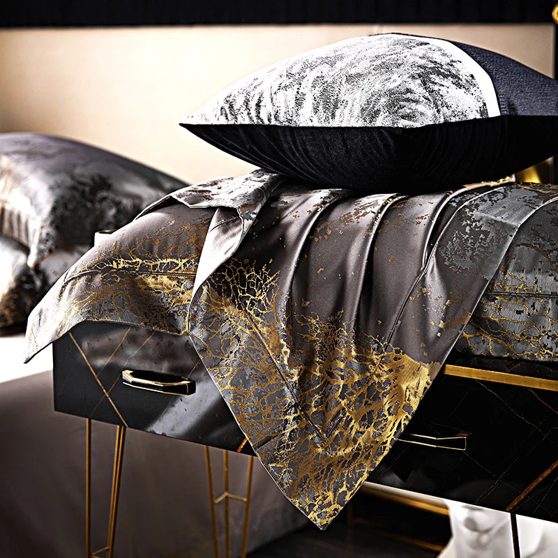 Luxury Silver Gray gold Satin Jacquard Bedding Set 1000TC Egyptian Cotton Queen King Size Duvet Cover Set Bed Sheet Pillowcases
