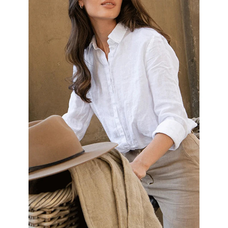 100% Linen White Shirts And Blouses Turn Down Collar Long Sleeve Tops  Chic Elegant Ol Women'S Shirt Camisas De Mujer