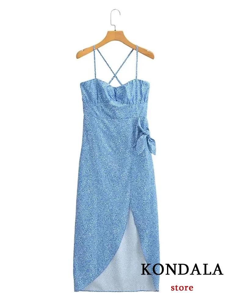 KONDALA Vintage Sexy Print Dot Sheath Split Cami Long Women Dress Fashion 2023 Summer Asymmetrical  Backless Party Strap Vestido