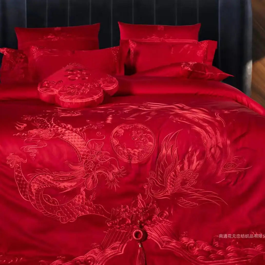 160 Thread Count Long Staple Cotton Embroidered Wedding Four Piece Set of Joyful Red Wedding Bedding Products