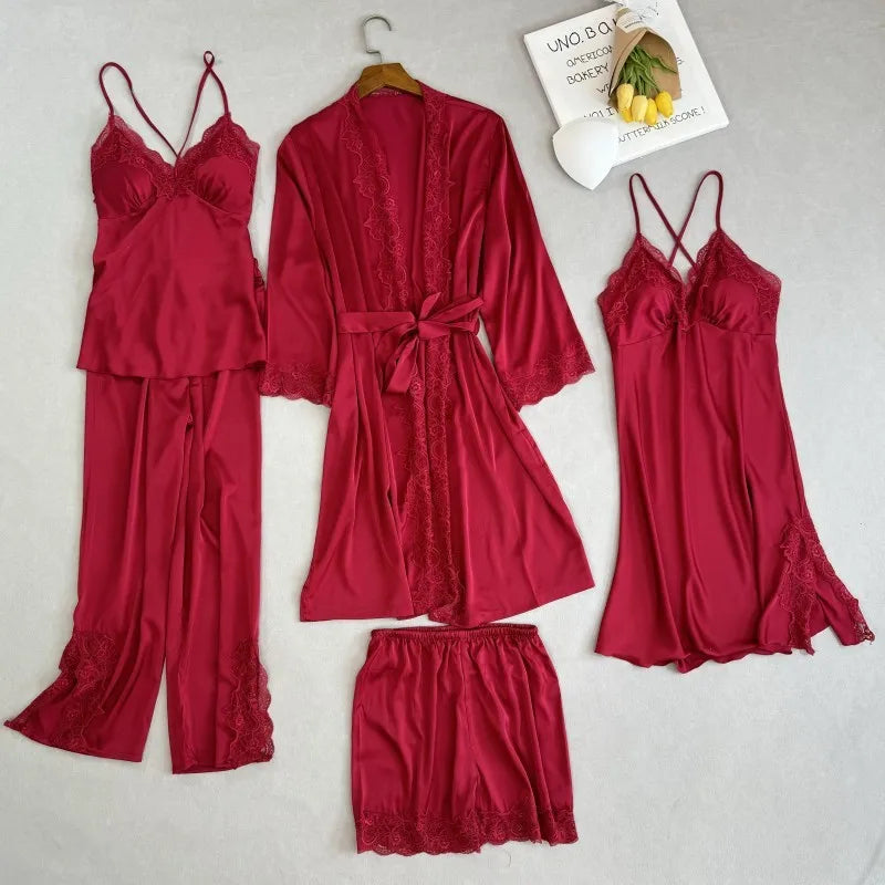 Wedding Bridesmaid Team Pajamas Set Lace Patchwork Home Clothes Ice Silk Pyjamas Suit Women Sleepwear Sexy Cami Top&pants