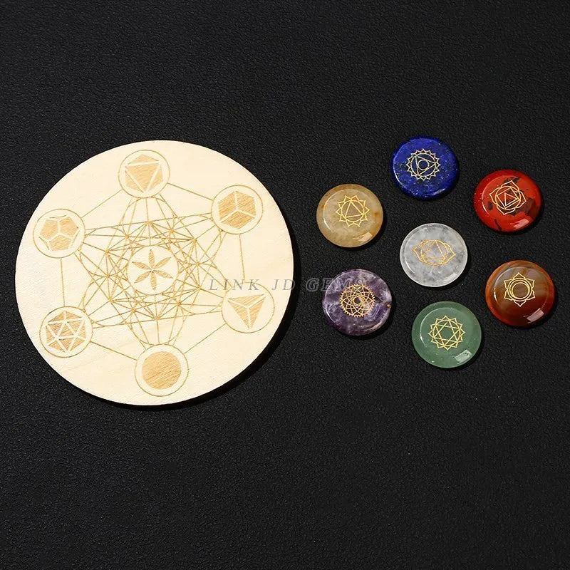 Healing Stone 7 Chakra Carved Reiki Symbol Crystal Set Flat Round Bead With Seven Star Array Wood Plate For Meditation Balancing