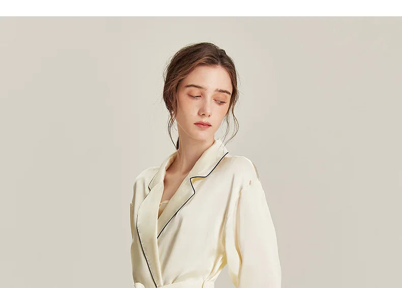BirdTree 6A 19MM 100%Real Silk Satin Night Robe, Women Notched Neck Sash, Elegant Simple Pajama Robe, 2024 Spring Fall P469122QM