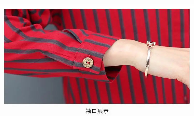 Casual Korean Midi Striped Print Shirt for Female Turn-down Collar Single-breasted Fashion Long Sleeve Blouse Women's Clothing