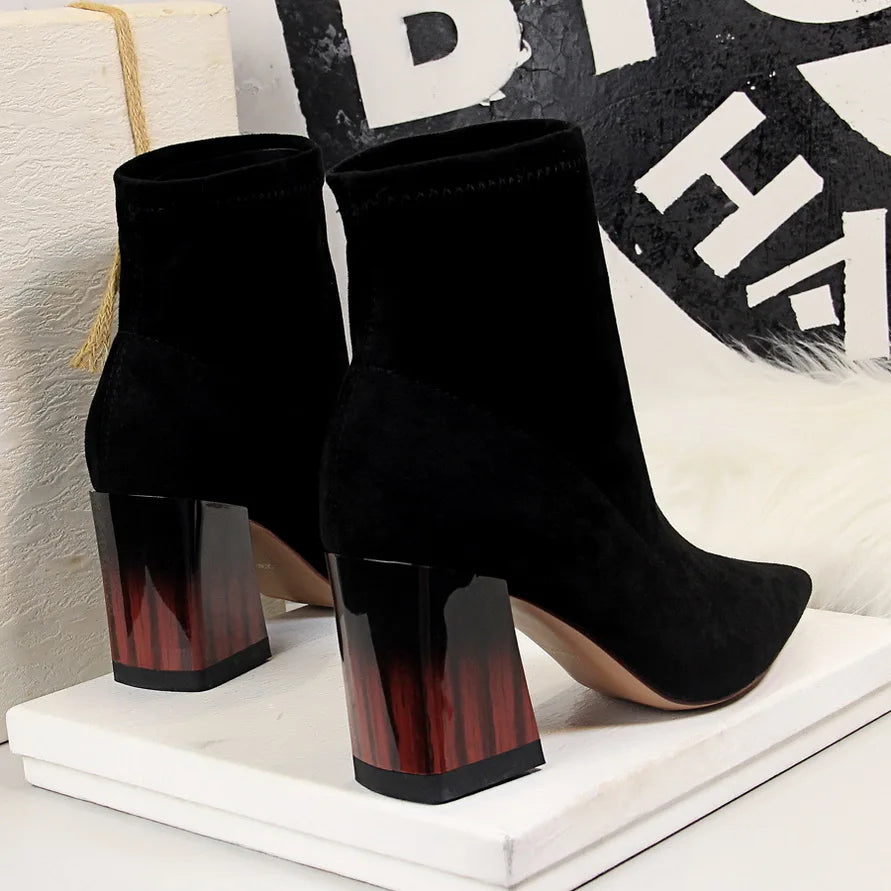 Woman Ankle Length Flock Boots Women Fashion Pointed Toe High Heel Shoes Winter Ankle Boots Ladies Shoes 1718-2