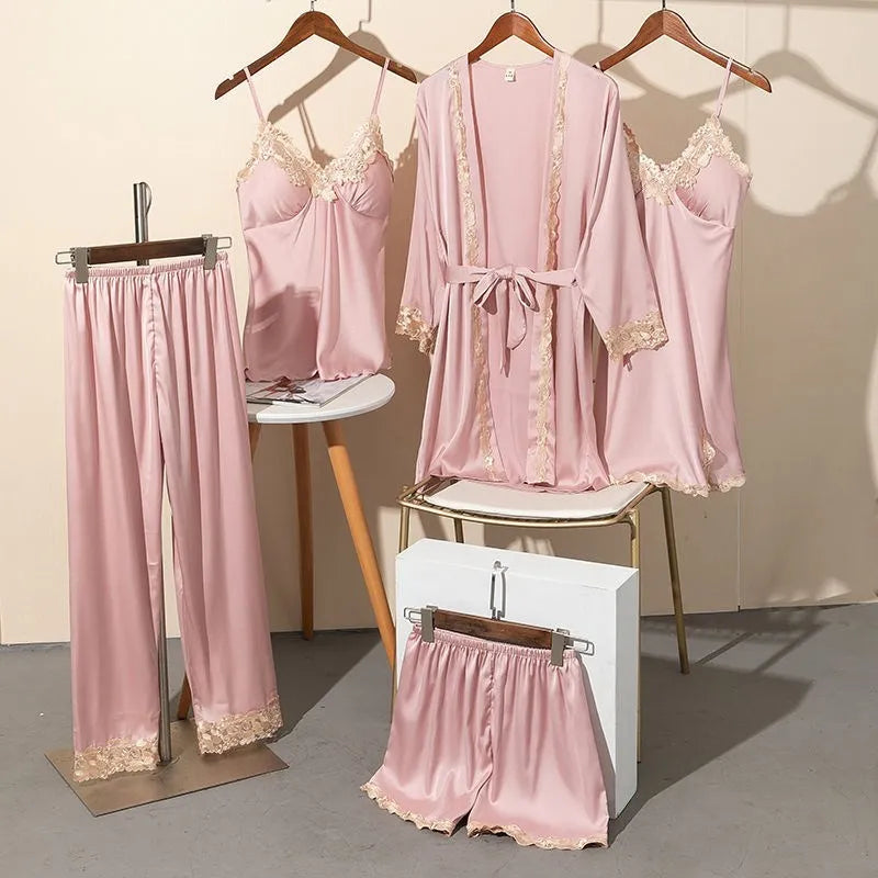 Spring Summer 5PCS PAJAMAS SET Sexy Lace Trim Bath Robe Nightgown Female Satin Cami Pijamas Suit Loose Home Clothes Lounge wear