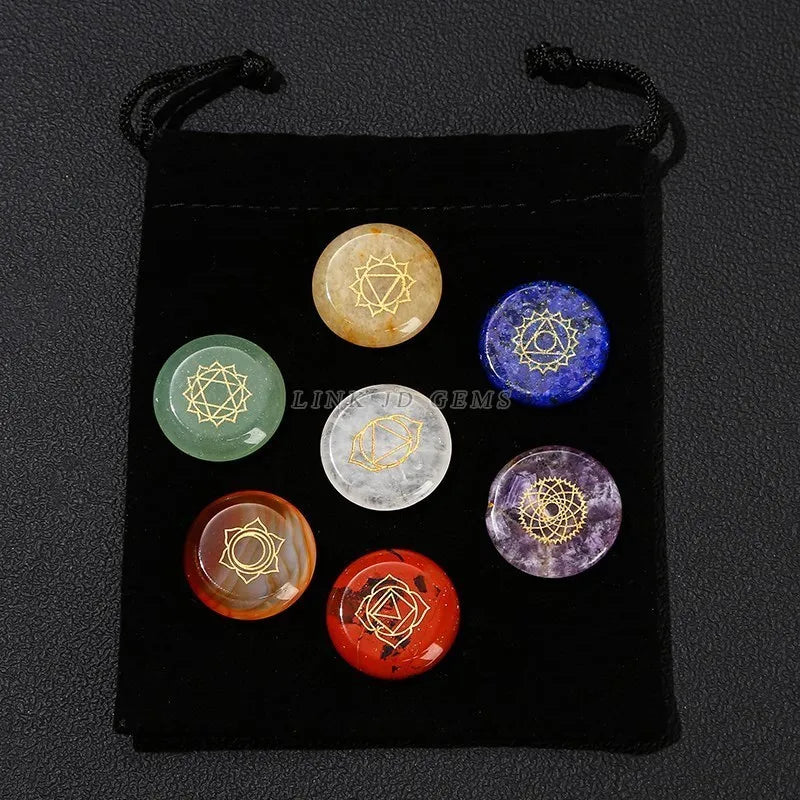 Healing Stone 7 Chakra Carved Reiki Symbol Crystal Set Flat Round Bead With Seven Star Array Wood Plate For Meditation Balancing