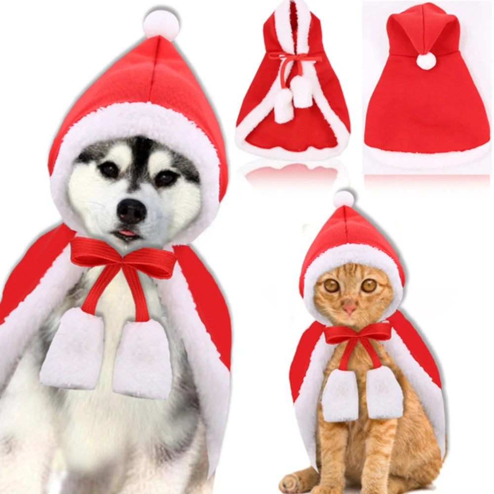 Winter Cat Costume Santa Cosplay Funny Transformed Cat Dog Pet Christmas Cape Dress Up Clothes Red Scarf Cloak Props Decoration