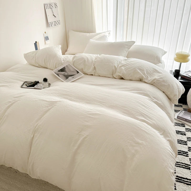 Solid Bed Linen Cotton Bedding Set with Sheet Duvet Cover Pillowcase Single Couple Bedsheet King Queen Double Twin Size