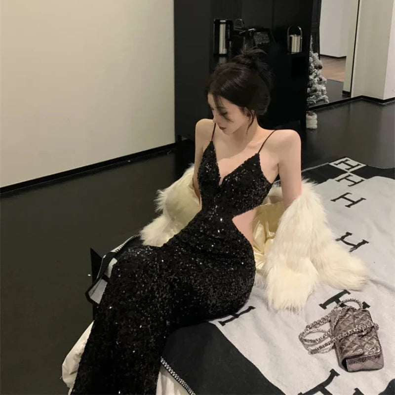 Sexy Glitter Long Black Dress Women V-neck New Year Evening Party Suspender Dress Cut-out Waist Sequin Backless Dresses Vestido