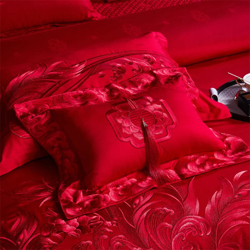 Pink Luxury Chinese Style Wedding Bedding Set Satin Jacquard Egyptian Cotton Peony Embroidery Duvet Cover Bed Sheet Pillowcases