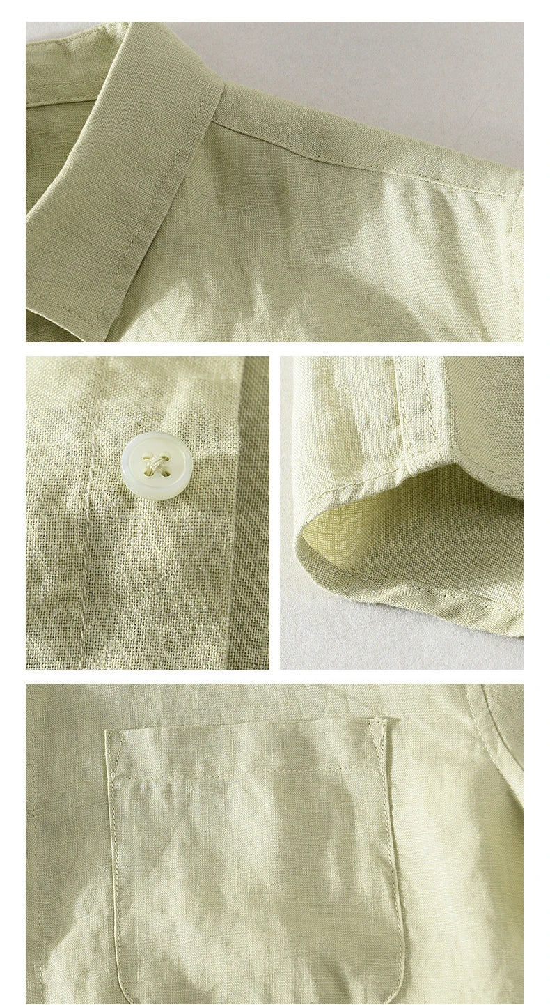 923 100% Linen Men's Summer Fashion Shirt High Quality Solid Color Simple Casual Short Sleeve Blouses Basic Thin Breathable Tops