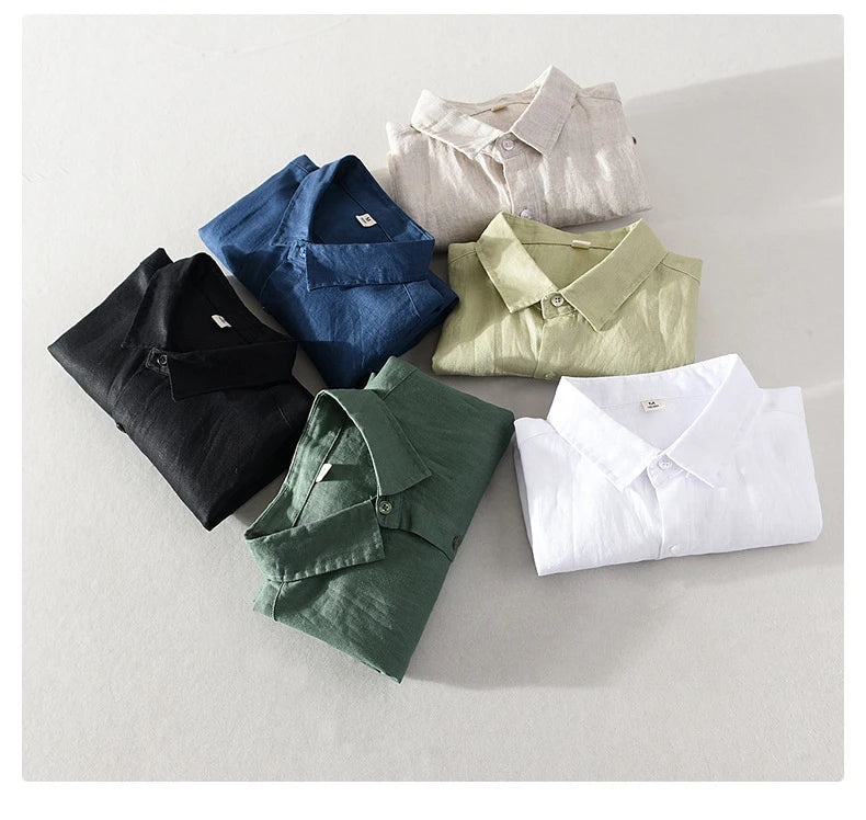 923 100% Linen Men's Summer Fashion Shirt High Quality Solid Color Simple Casual Short Sleeve Blouses Basic Thin Breathable Tops